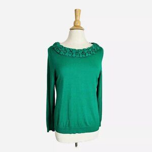 Talbots Silk Blend Sweater Petites L Kelly Green Rolled Ruffle Thin Knit
